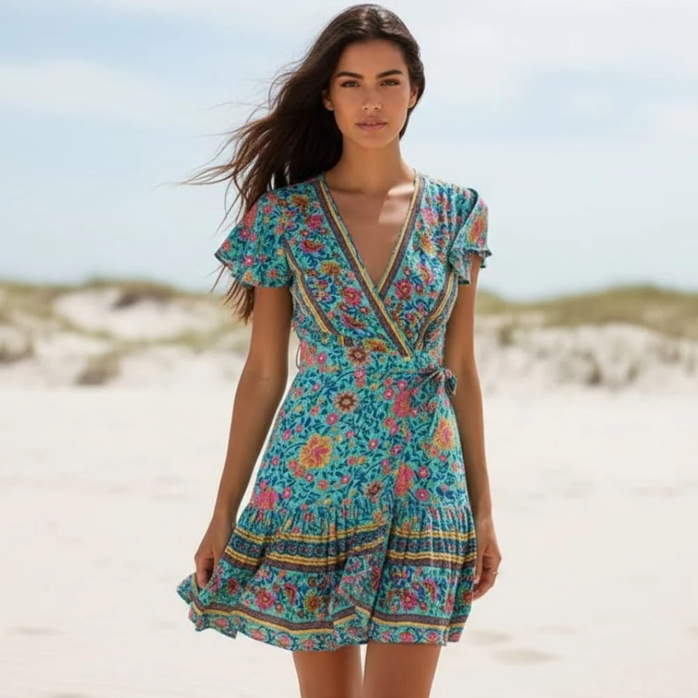 Green Boho Floral Wrap Mini Dress