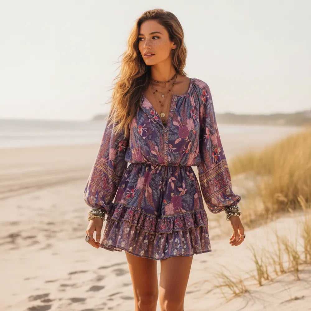 Floral Long Sleeve Mini Dress with Ruffle Hem