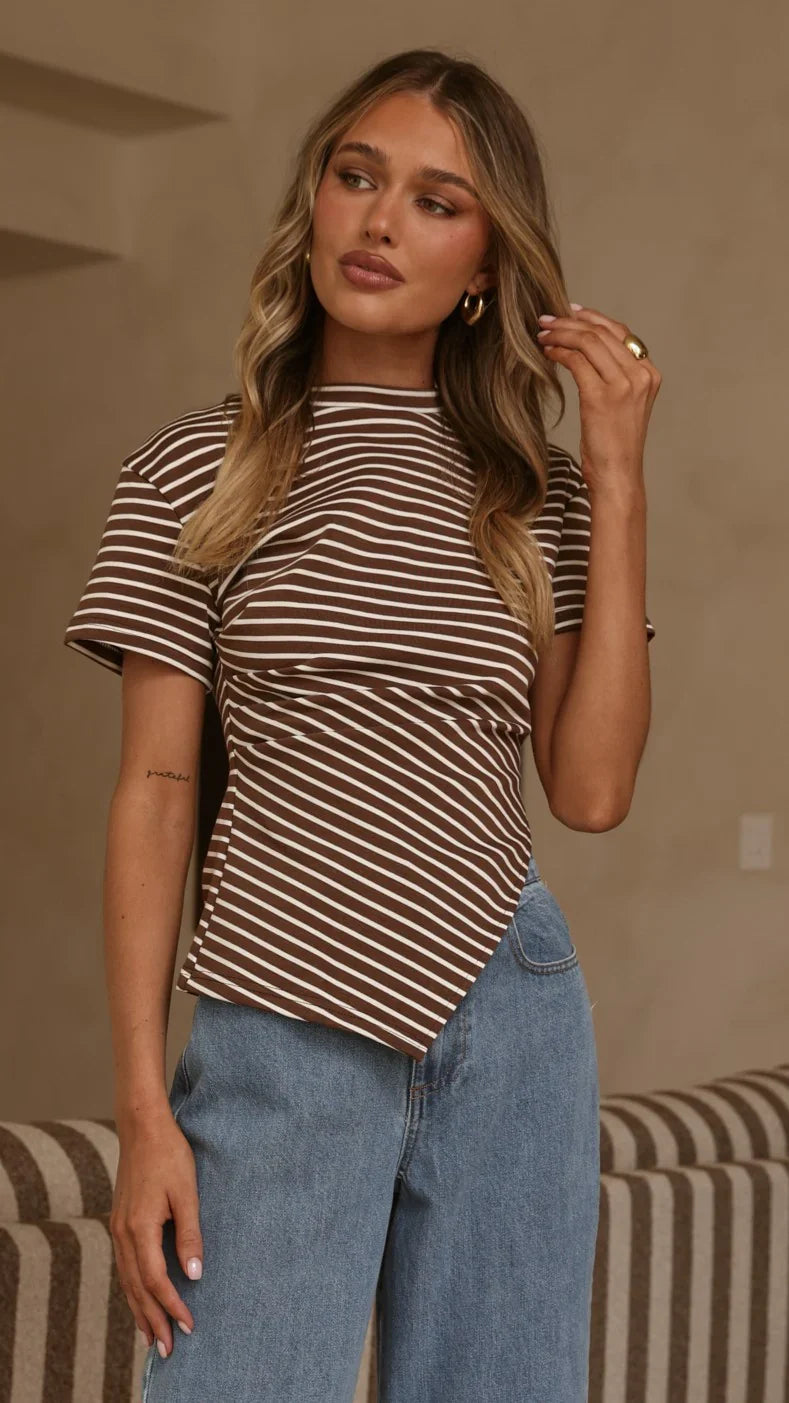 Tiarna Side Ruched Tee Brown White Stripe