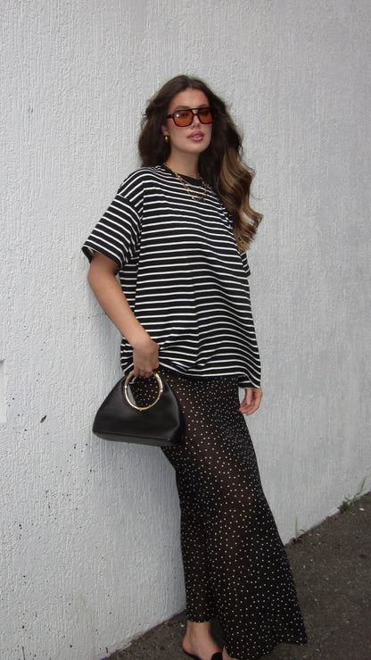 Elisha T Shirt and Sheer Maxi Skirt Set White Black Stripe and Polka Dot