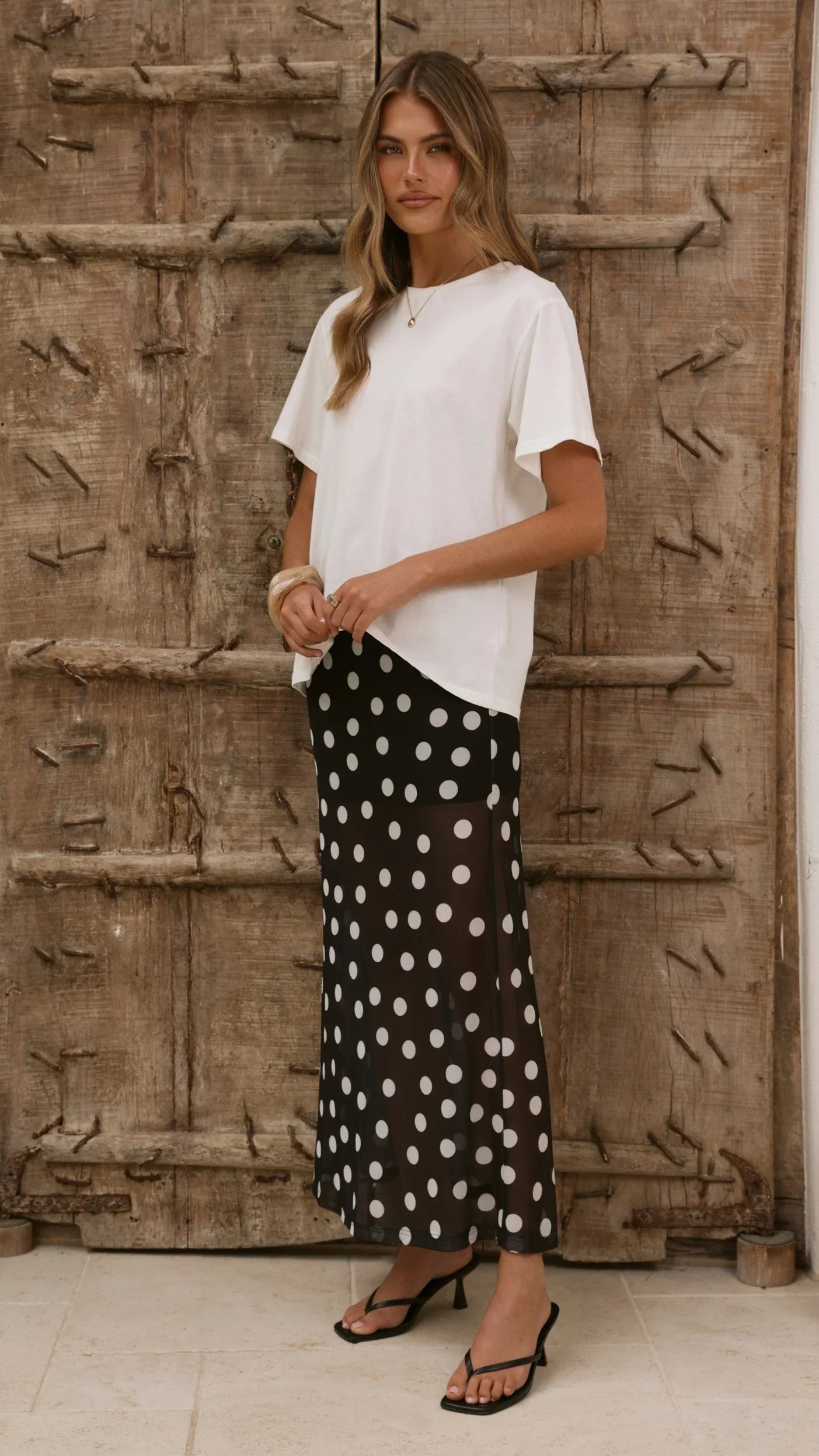 Onella Semi Sheer Maxi Skirt Black White Polka Dot