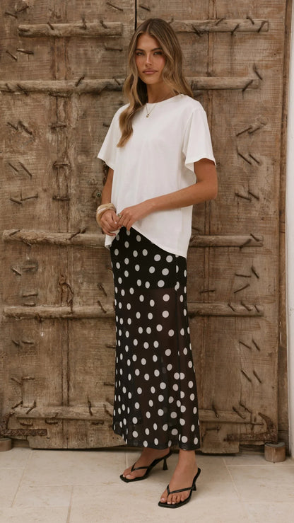Onella Semi Sheer Maxi Skirt Black White Polka Dot