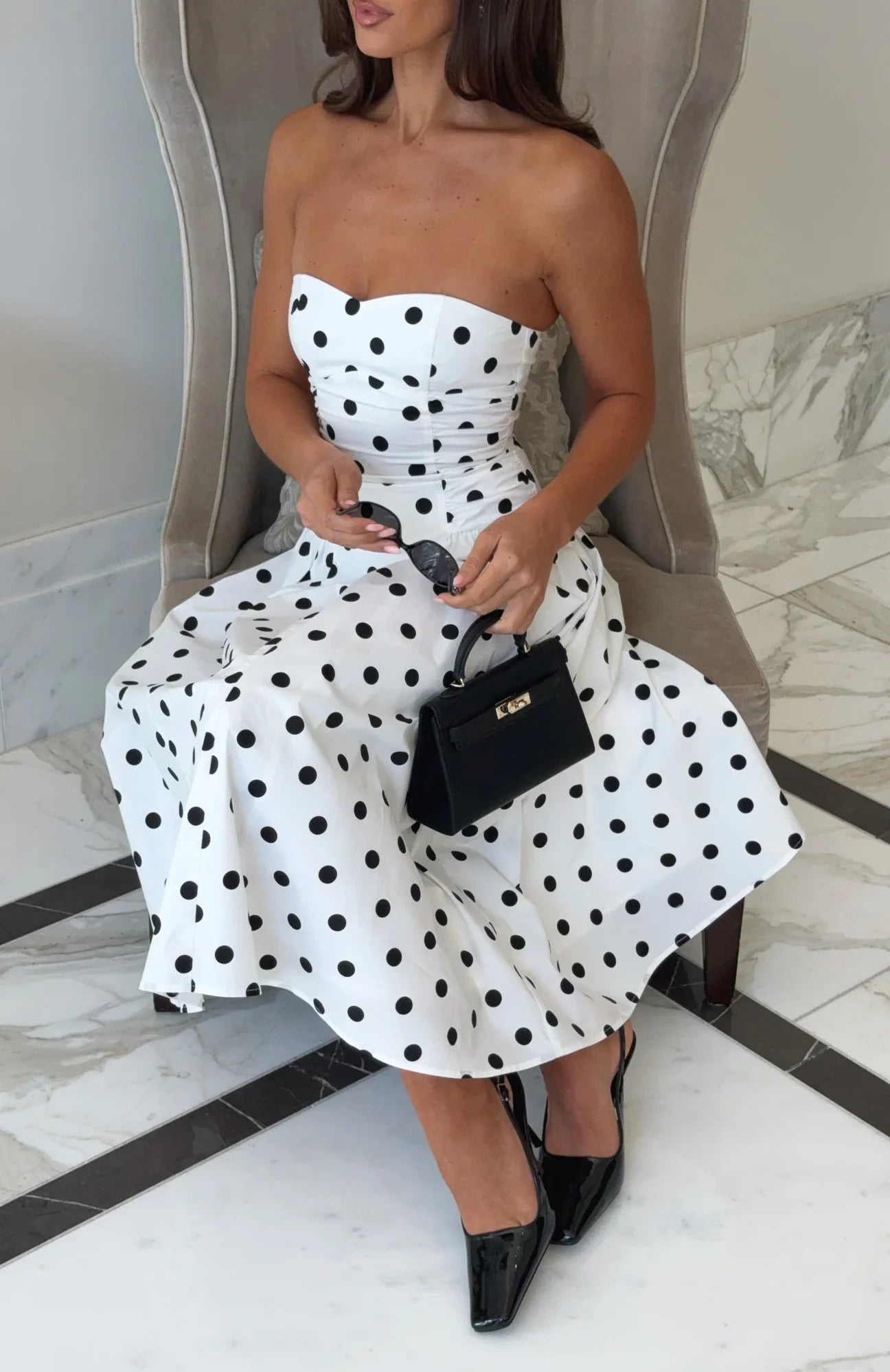 Rich In Love Strapless Midi Dress White Black Polka Dot