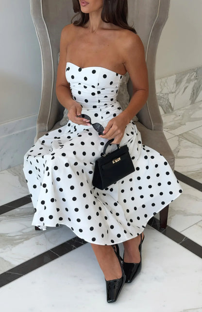 Rich In Love Strapless Midi Dress White Black Polka Dot