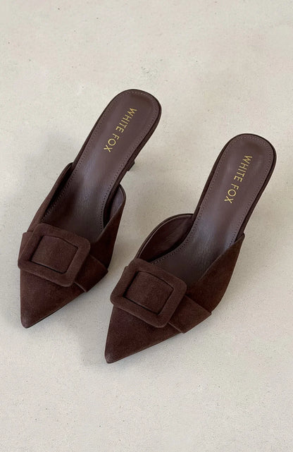 Domino Heels Chocolate Faux Suede