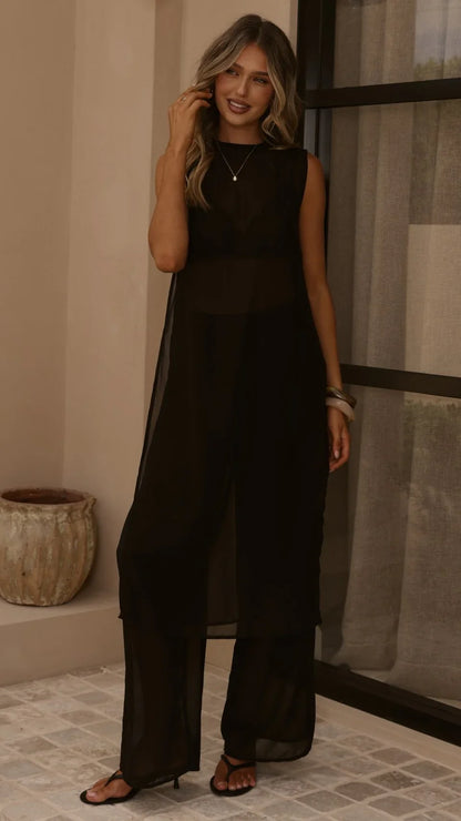 Zaire Long Line Sheer Top and Pants Set Black