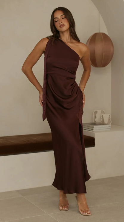 Halle One Shoulder Maxi Dress Chocolate