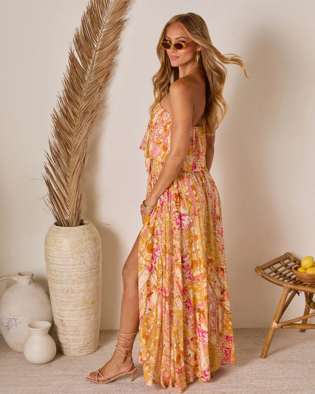 Rosha Printed Strapless Tie Maxi Dress