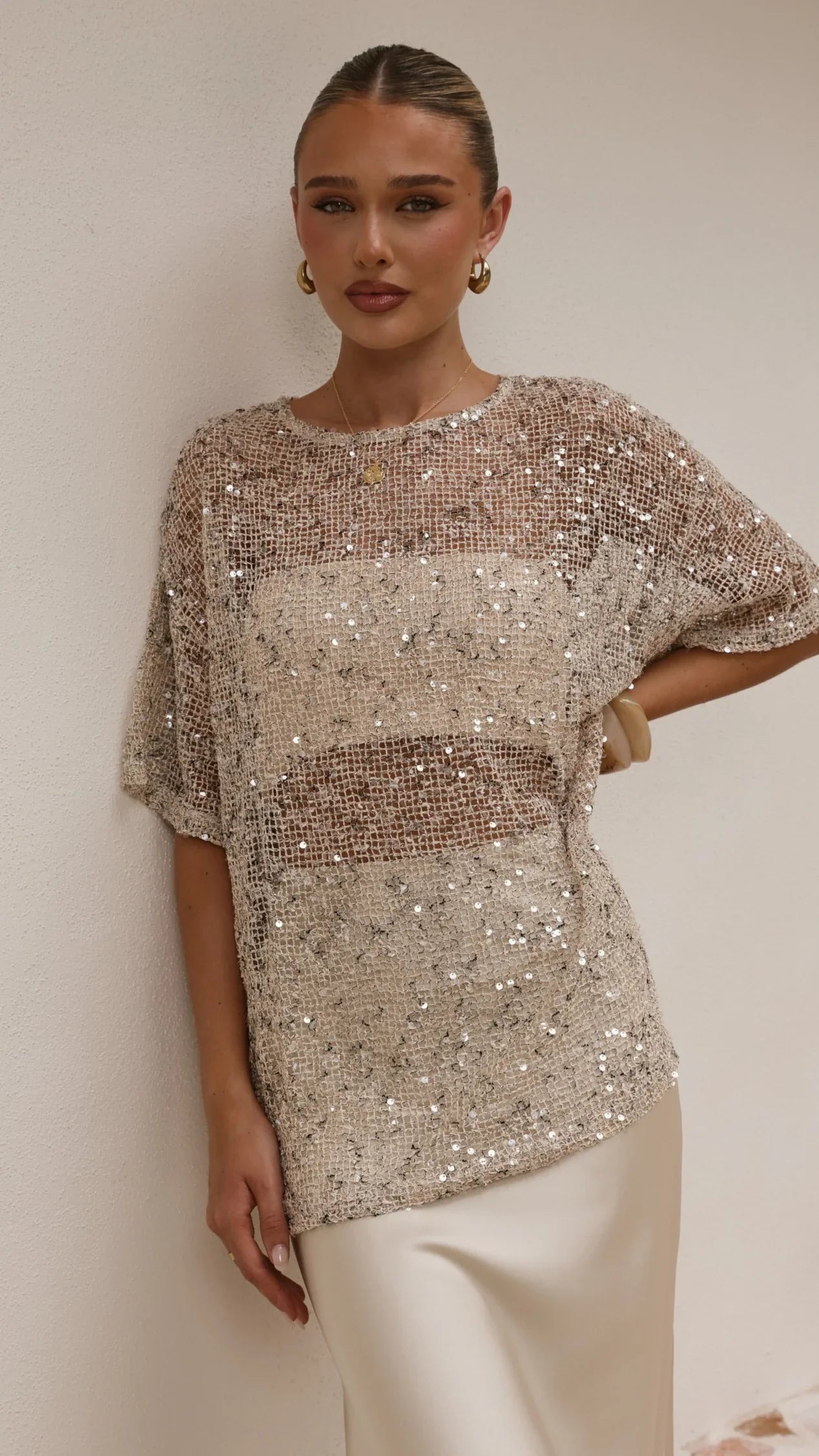 Zinnia Oversized Sequins Tee Beige
