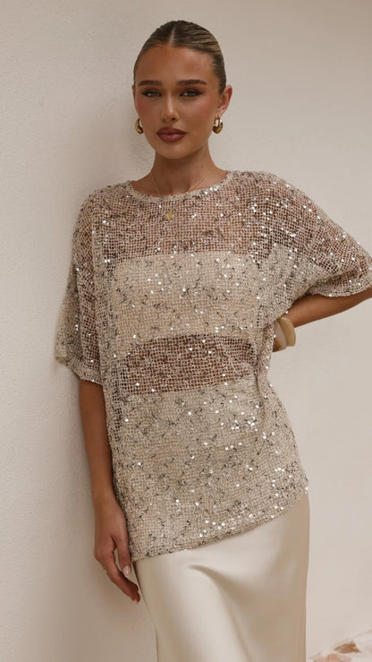 Zinnia Oversized Sequins Tee Beige