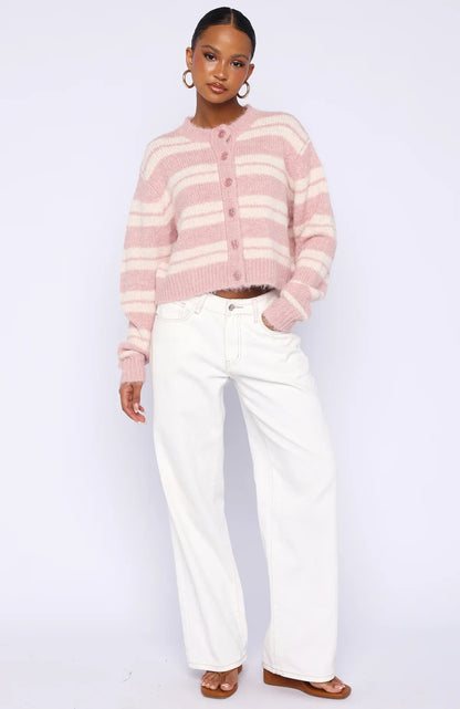 Ice Bae Stripe Knit Cardigan Strawberry Cream Stripe