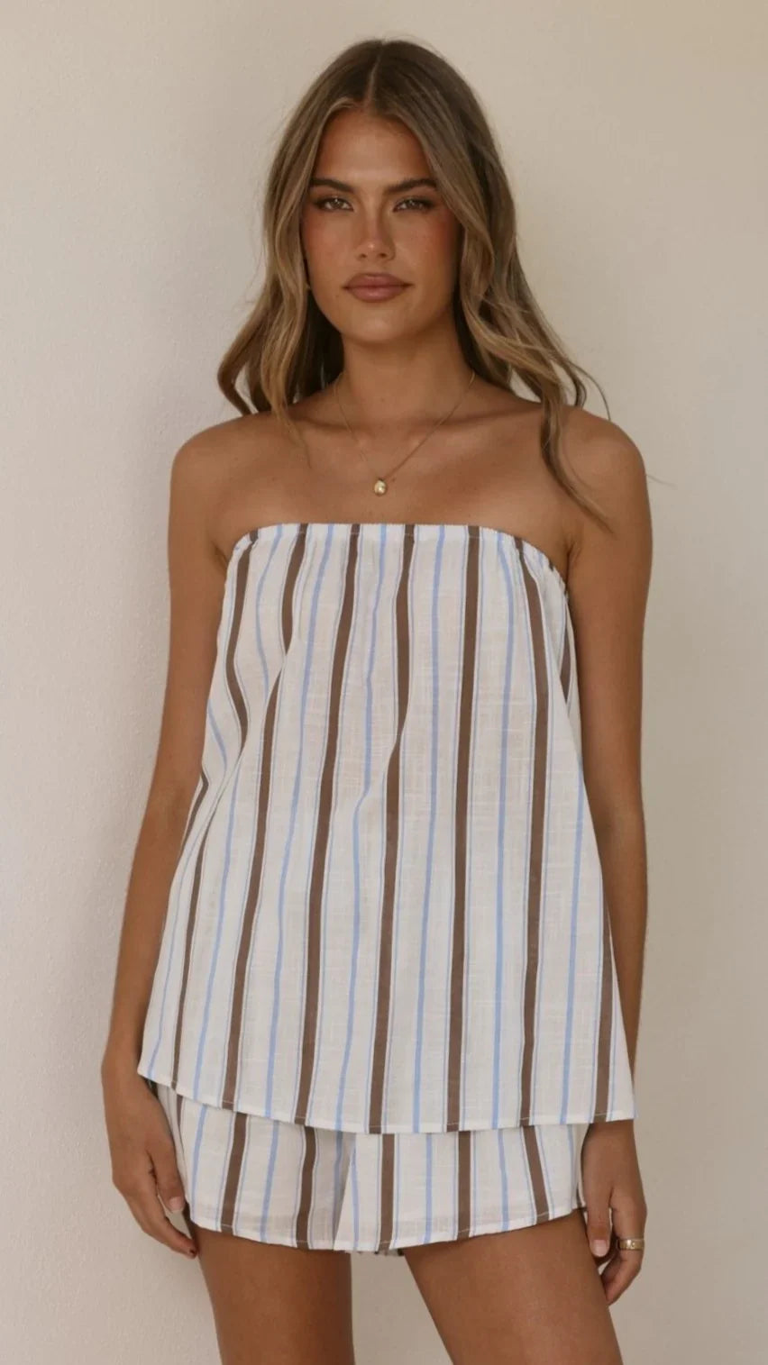Calliope Strapless Top and Shorts Set Choc Blue Stripe