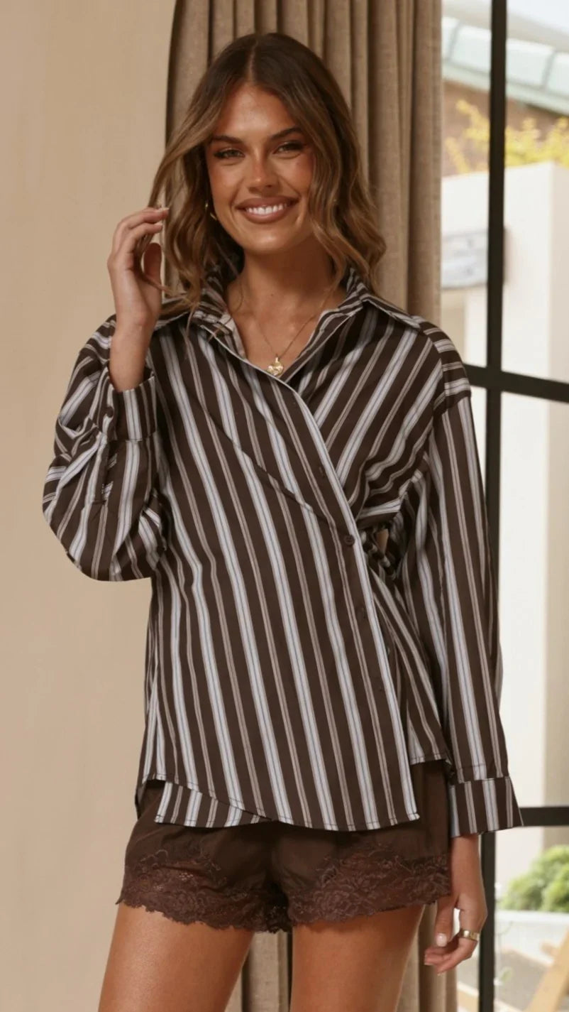 Valia Asymmetrical Button Up Shirt Brown Blue Stripe