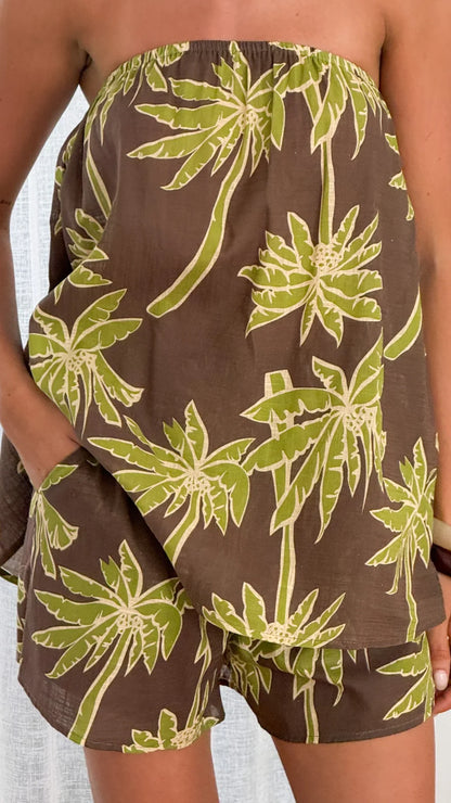Calliope Strapless Top and Shorts Set Brown Green Palm