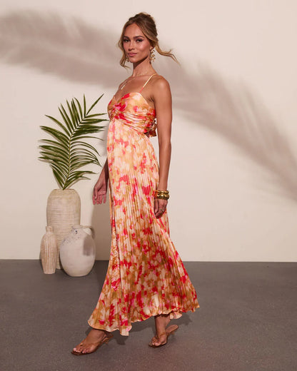 Sol Muse Floral Pleated Satin Maxi Dress