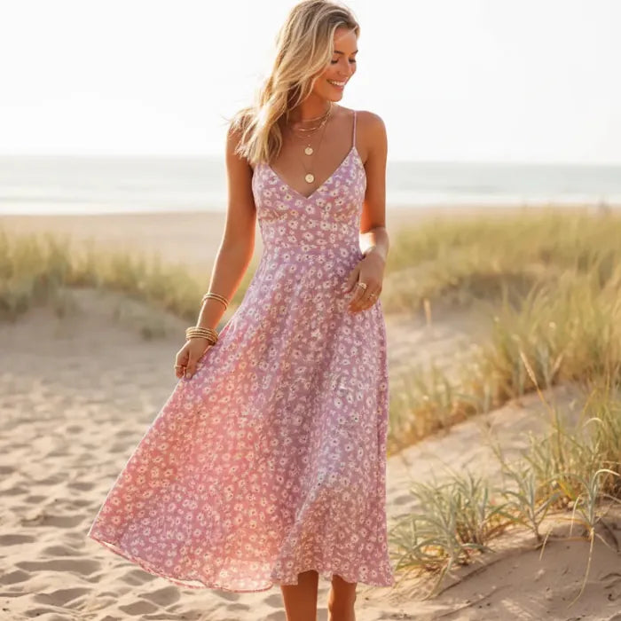 Pink Floral Tie Back Midi Sundress