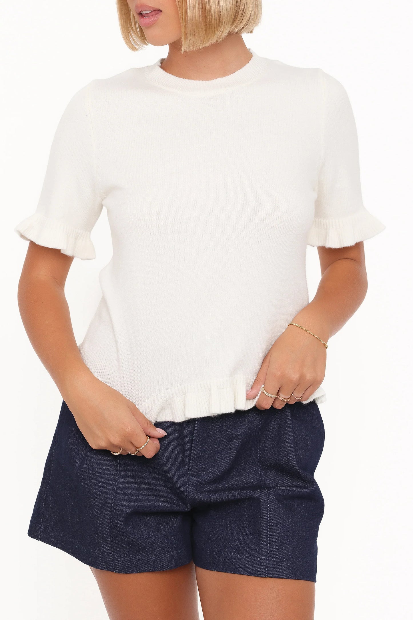 Emilie Short Sleeve Ruffle Crew Sweater Cream