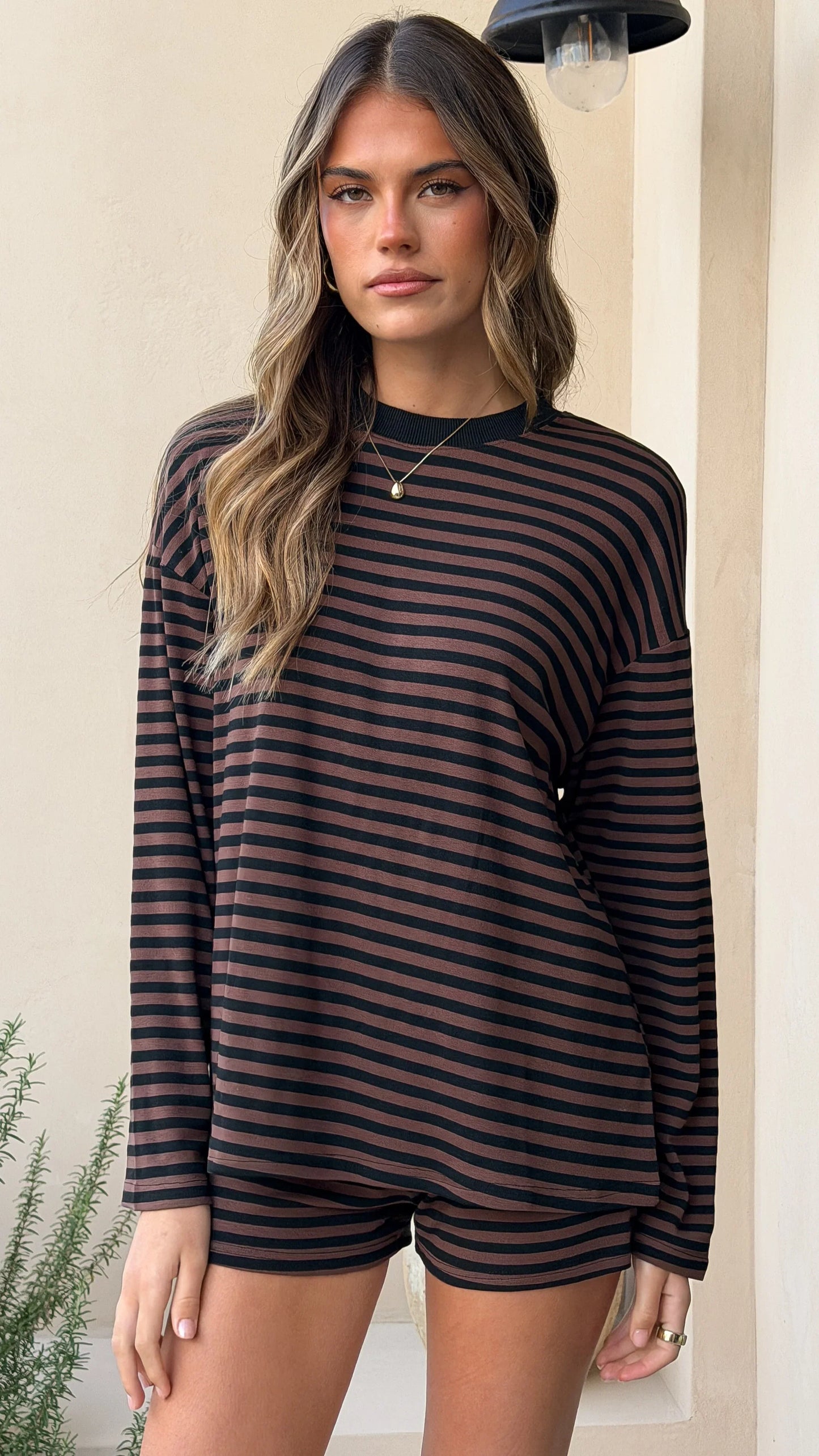 Flossie Long Sleeve Top and Shorts Set Choc Black Stripe