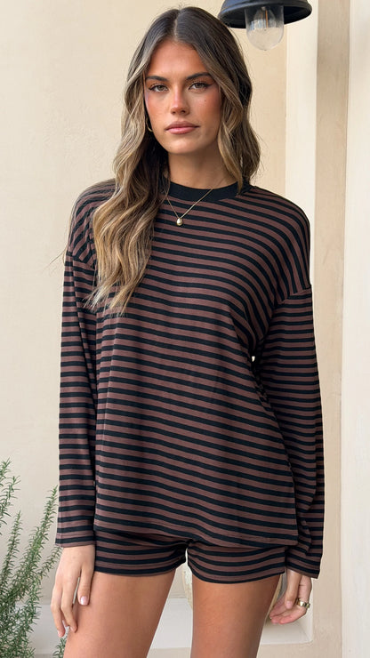 Flossie Long Sleeve Top and Shorts Set Choc Black Stripe