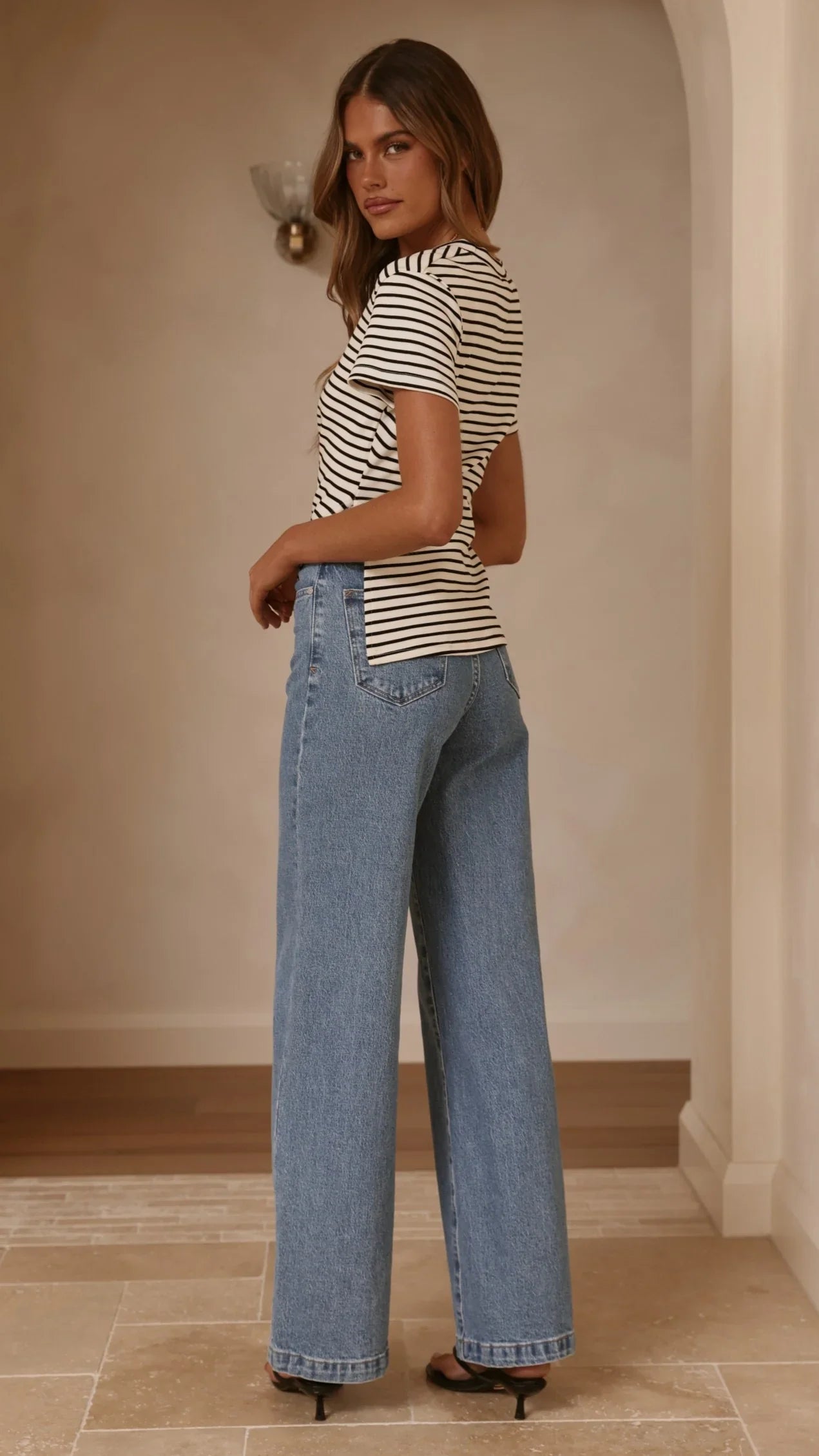 Tiarna Side Ruched Tee Black White Stripe
