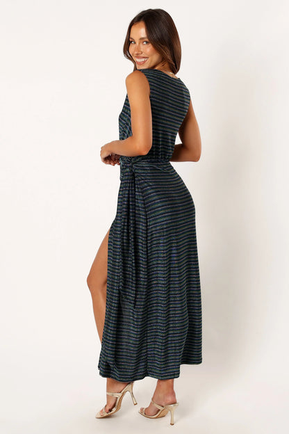 Tahlia Wrap Midi Dress Blue Gold Stripe