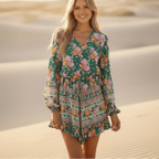 Vintage Green Floral Boho Tassel Romper