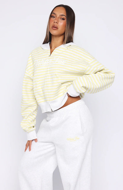 Verano Sixteen Maria Boxy Zip Front Hoodie Grey Marle Lemon Stripe