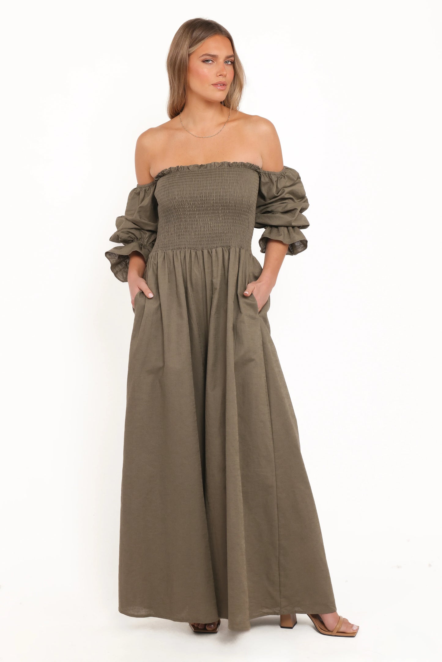 Domenica Shirred Long Sleeve Jumpsuit Olive