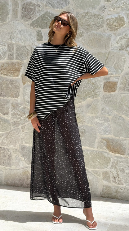 Elisha T Shirt and Sheer Maxi Skirt Set White Black Stripe and Polka Dot