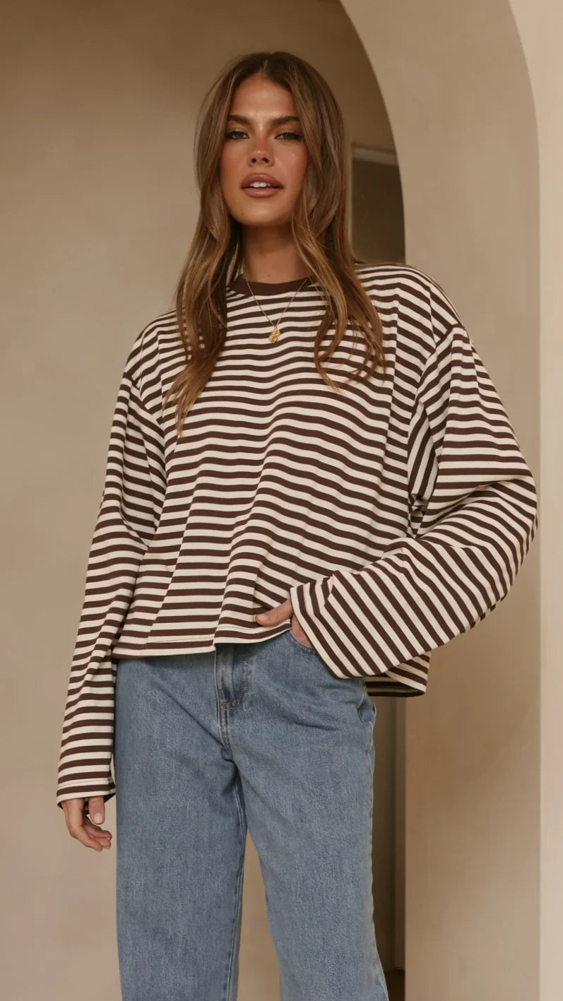 Solana Long Sleeve Top Choc White Stripe