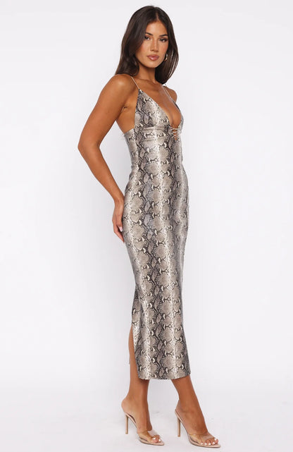 Shes A Queen PU Midi Dress Tan Snake