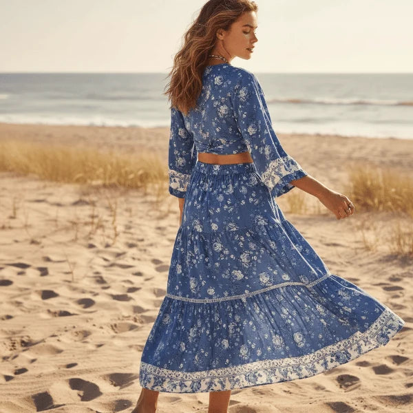 Blue Floral Crop Top Maxi Skirt Set