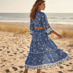 Blue Floral Crop Top Maxi Skirt Set