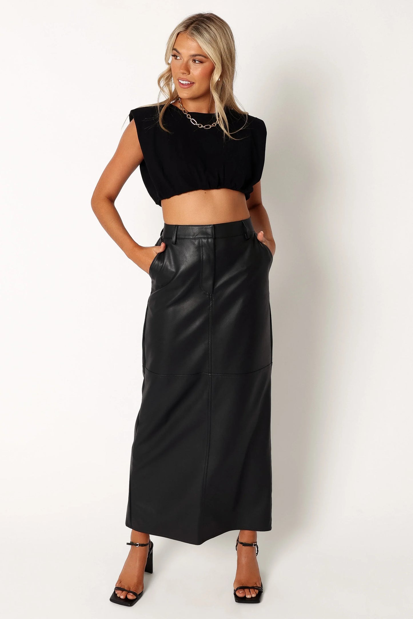 Jade Vegan Leather Column Skirt Black