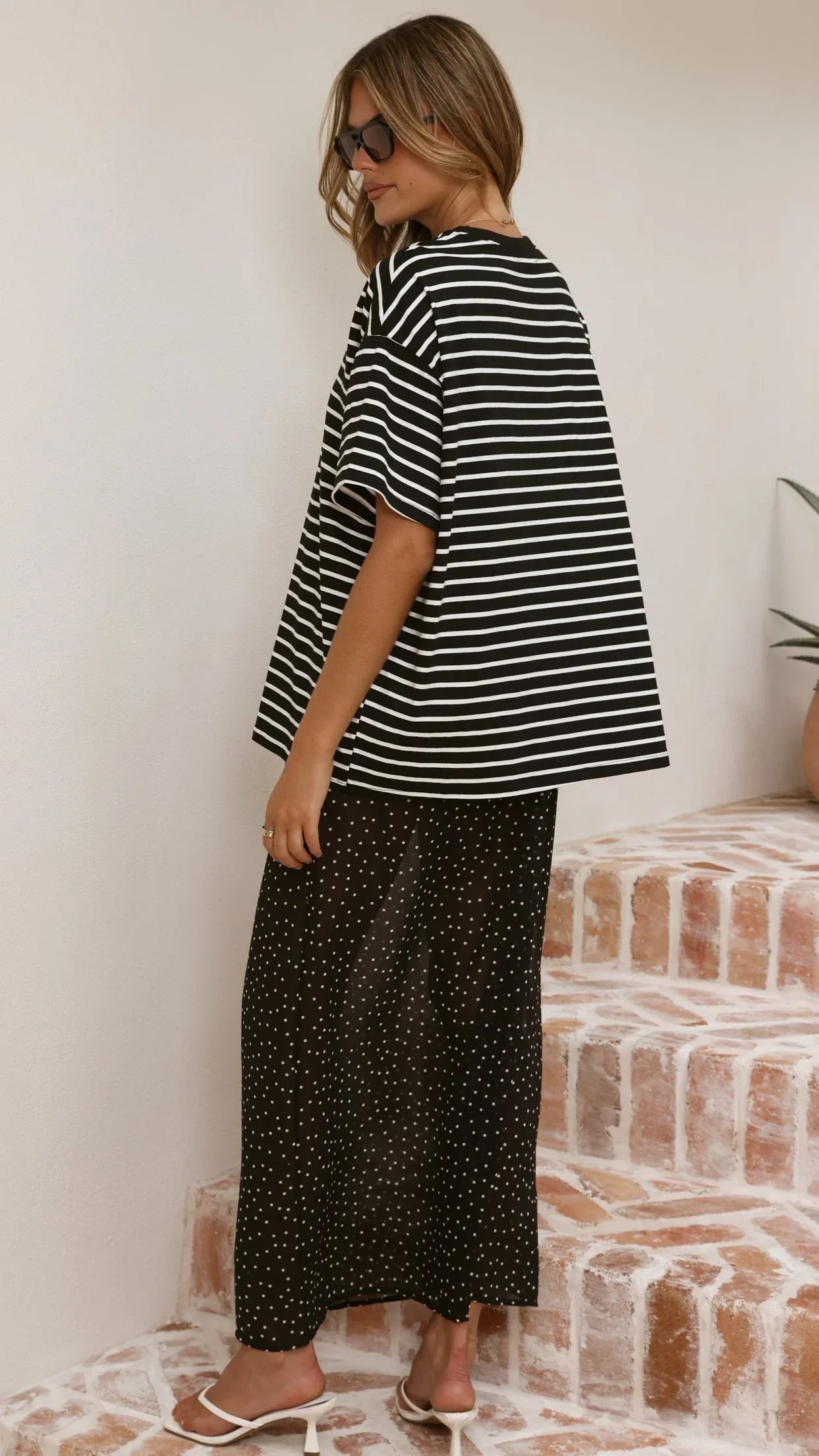 Elisha T Shirt and Sheer Maxi Skirt Set White Black Stripe and Polka Dot