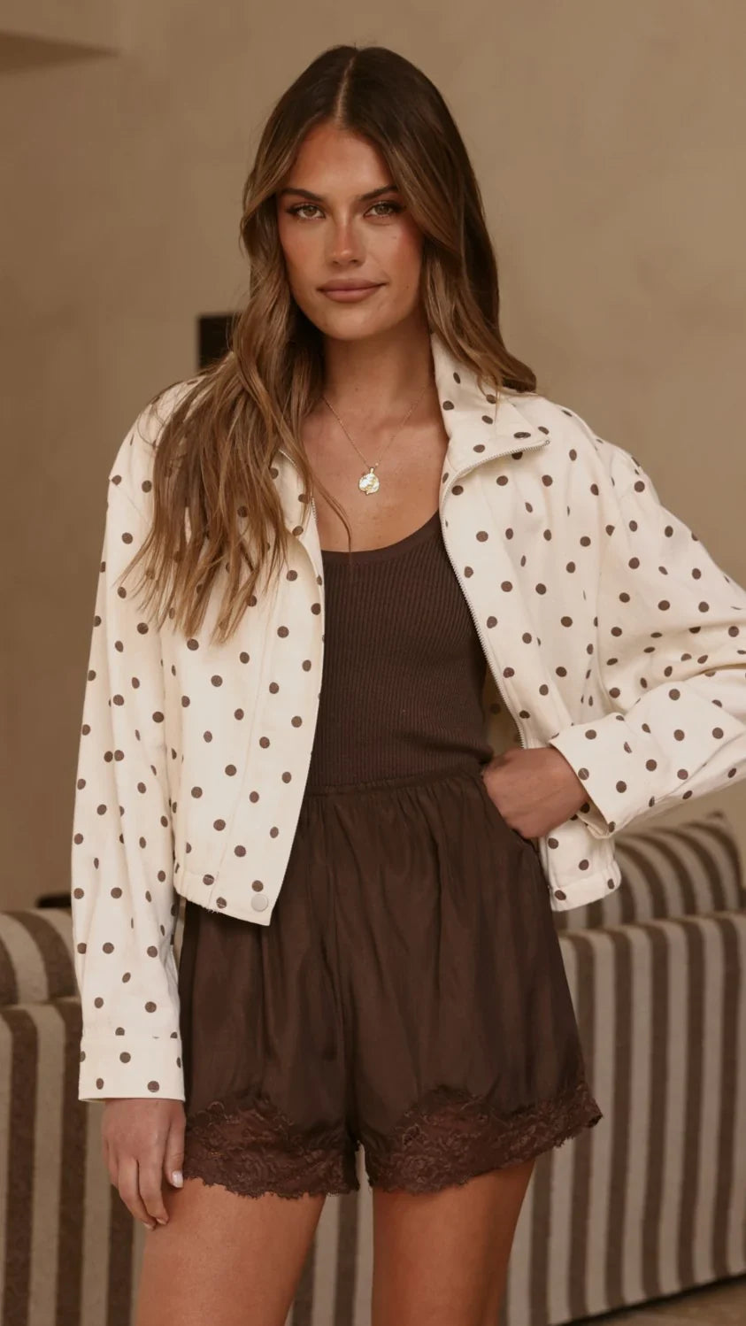 Nessie Funnel Neck Jacket Cream Chocolate Polka