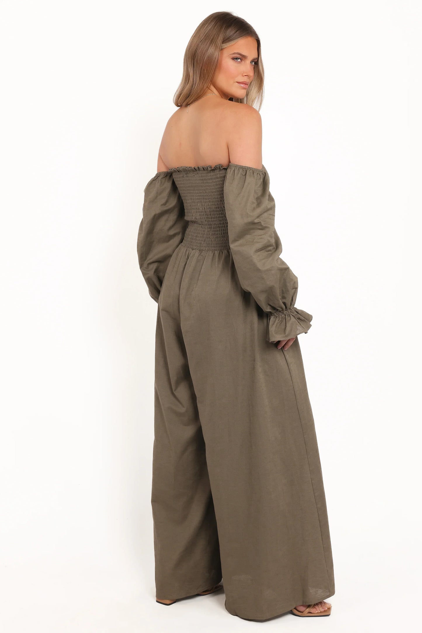 Domenica Shirred Long Sleeve Jumpsuit Olive