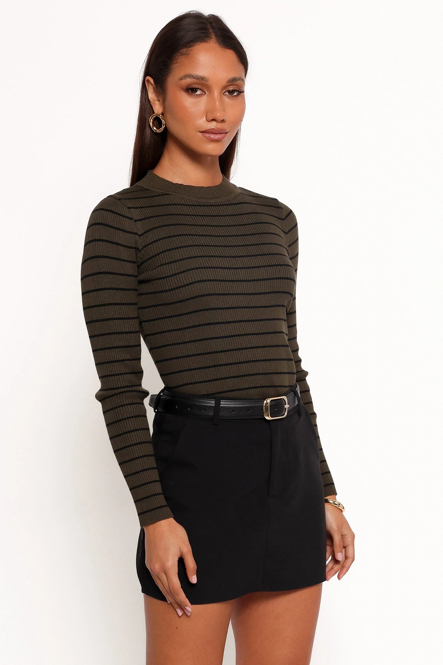 Stacie Ribbed Knit Top Olive Stripe