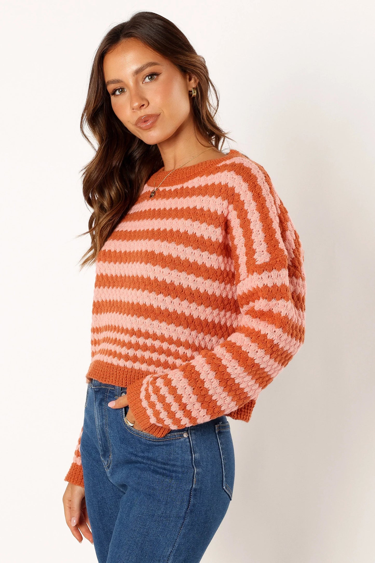 Yasmin Striped Crewneck Knit Sweater Orange Pink