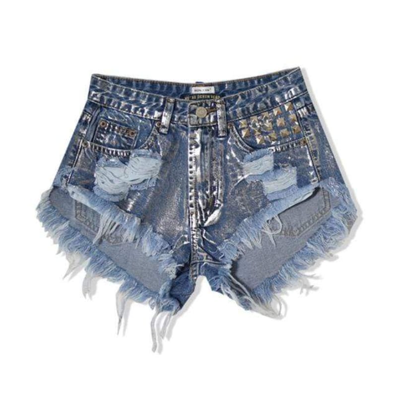 High Waist Distressed Denim Shorts with Rivets