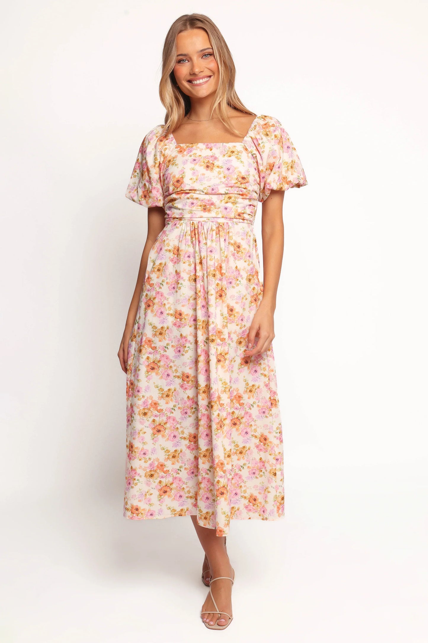 Clo Puff Sleeve Midi Dress Peach Floral
