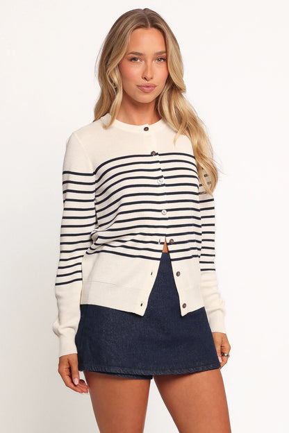 Gavi Button Front Striped Cardigan Off White Navy