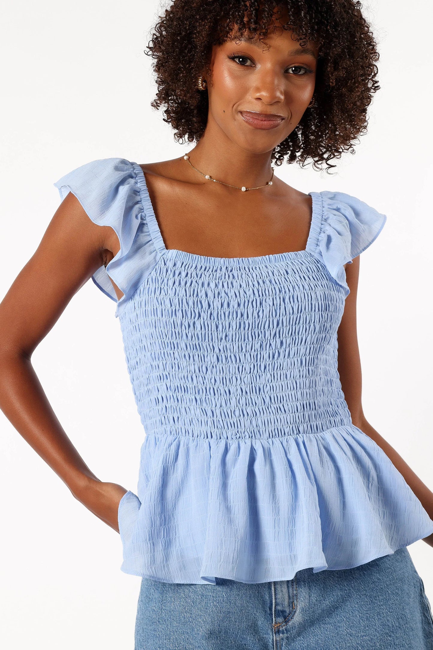 Gabie Ruffle Sleeve Top Blue