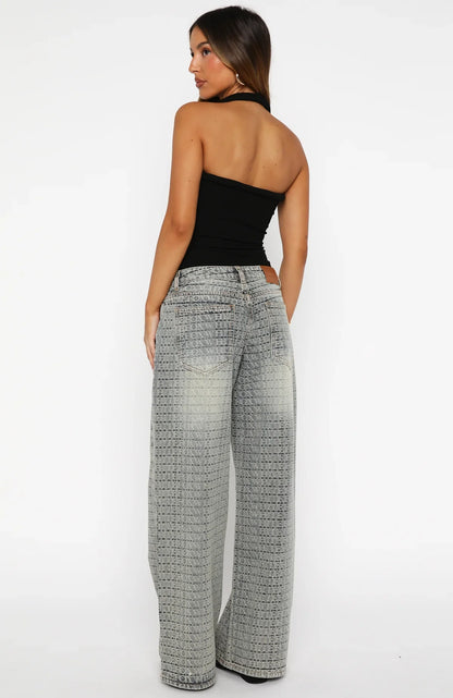 Text Me Low Rise Wide Leg Jeans Sand