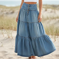 Boho High Waist Tiered Denim Maxi Skirt