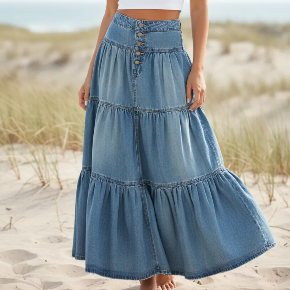 Boho High Waist Tiered Denim Maxi Skirt