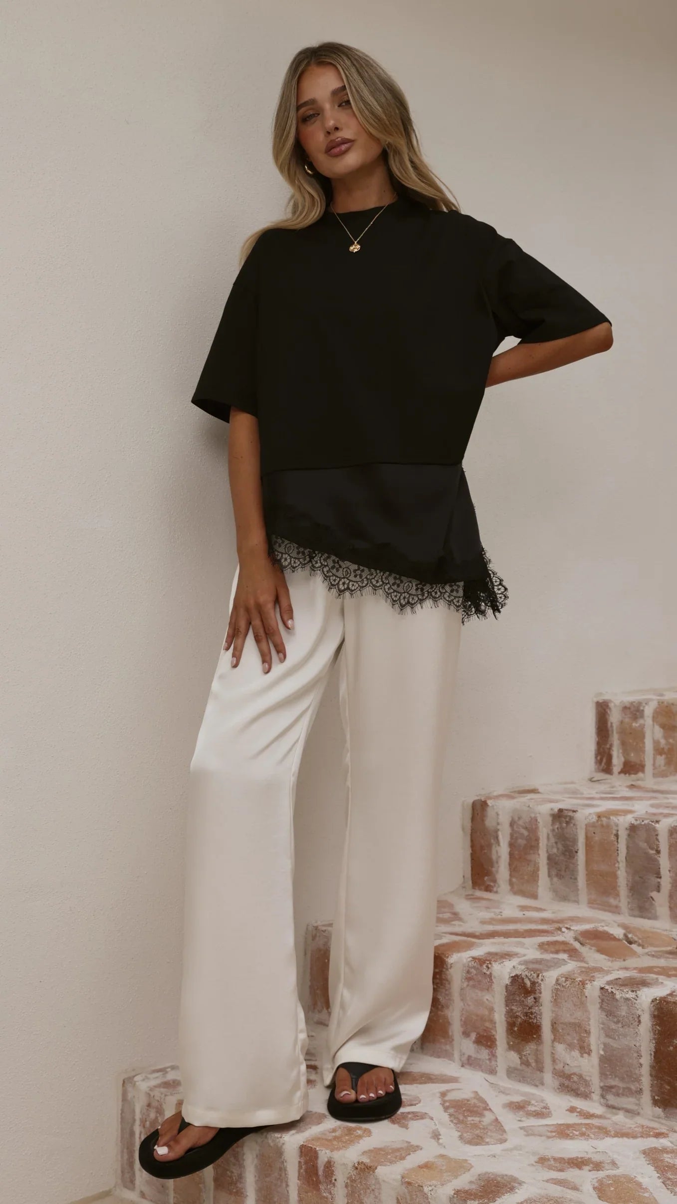 Mirandah Satin Panel T Shirt Black