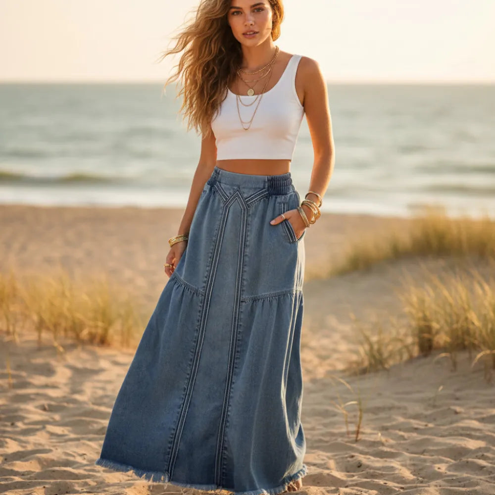 Bohemian A Line Denim Maxi Skirt