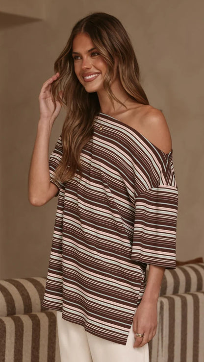 Pia One Shoulder Oversize Tee Choc Blue Stripe