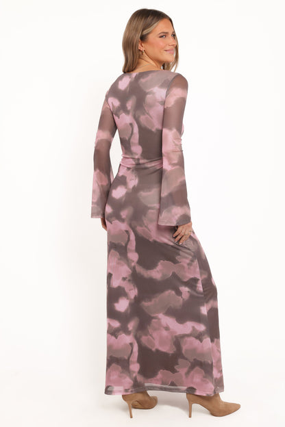 Pandora Long Sleeve Maxi Dress Pink Brown Print